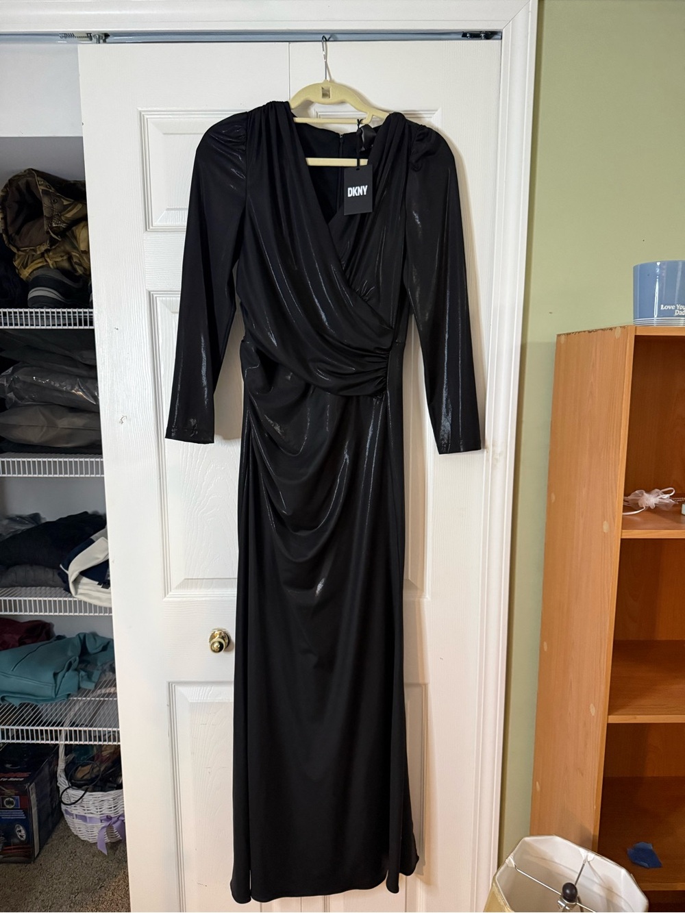 NWT DKNY black draped midi dress long sleeve cocktail evening